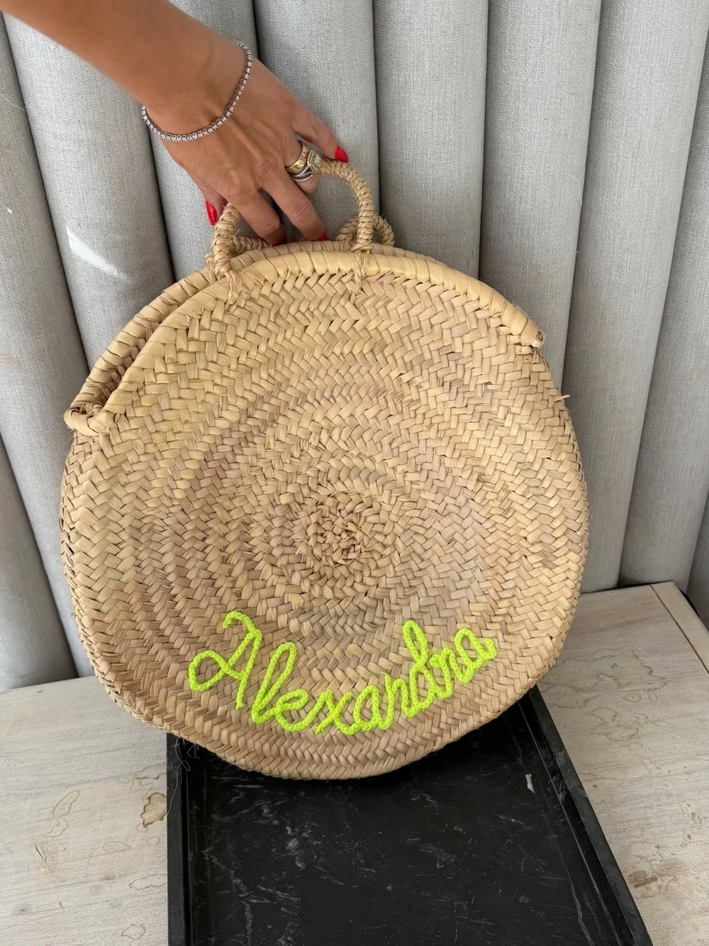 Round Straw Tote with Neon Green Script - Personalized Beach Tote